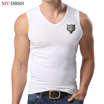 New Style Wolf Embroidery Men's Tank Top Mens Bodybuilding Fitness Lycra Tank Shirt Summer Clothes Muscle V Neck Sleeveless Vest