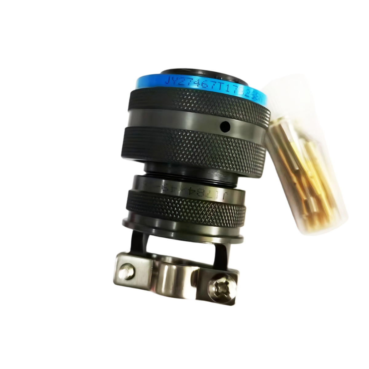 Precision-machined JY27467T17B266H military connector with threaded coupling nut and protective cover.
