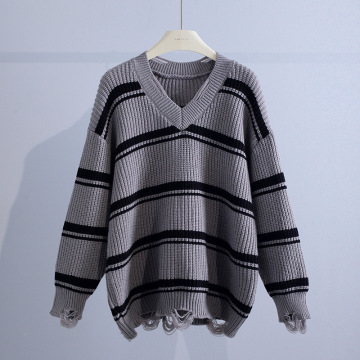 Autumn Winter Women's Striped Loose V-neck Acrylic Pullover Sweater