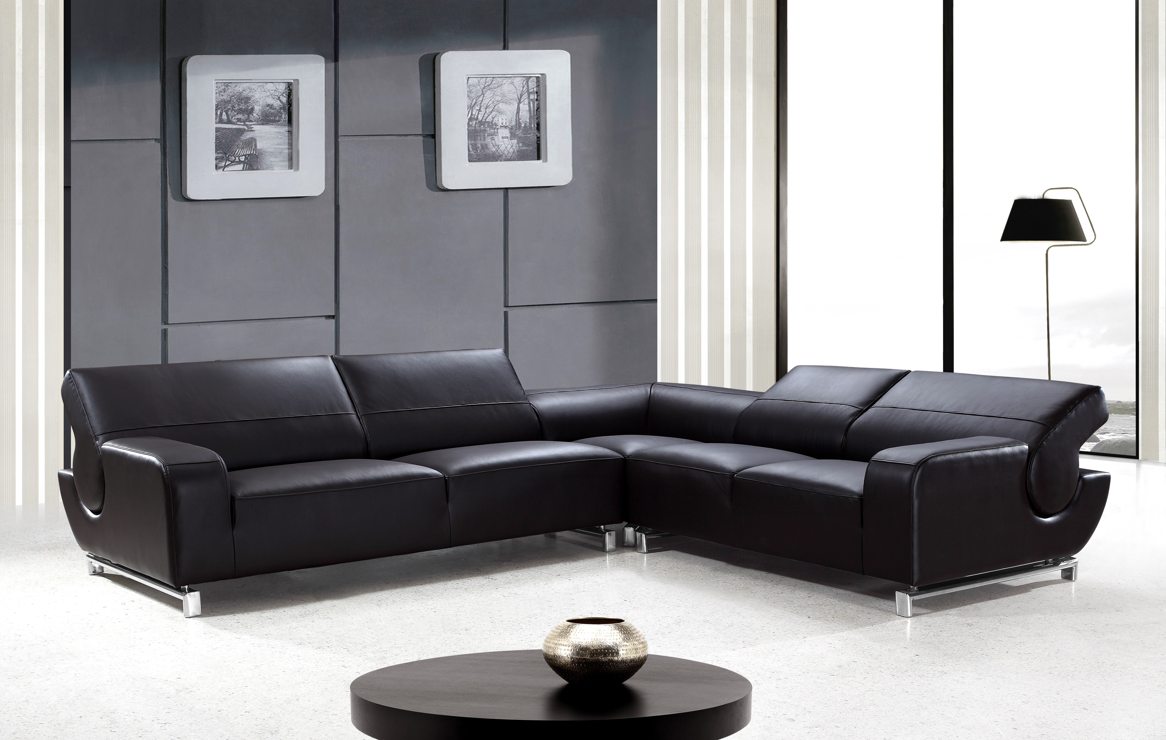 Black Leather Sectional Sofa with Adjustable Headrests