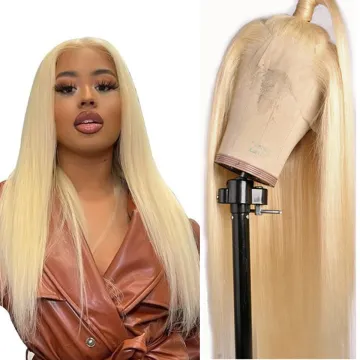 613# Blonde Straight Human Hair Lace Closure Wigs Cuticle Aligned, 4*4 Brazilian Remy Hair Wig Lace Front 613#