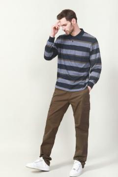 Lelaki Benang Pewarna Jalur Long Sleeve Polo Shirts