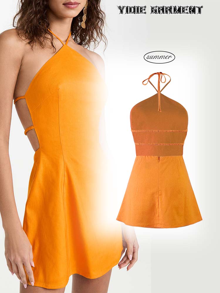 Women's Linen Blend Summer Open Back Mini Dress