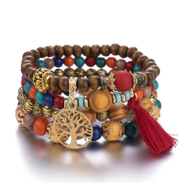 Vintage Bohemian Tree of Life Pendant Bracelet Set: Multi-layer Wood Bead Elastic Jewelry for Women