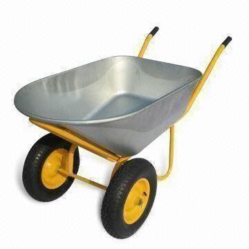 Metal galvanized tray wheelbarrow, metal frame, double, two pneumatic wheels, for building