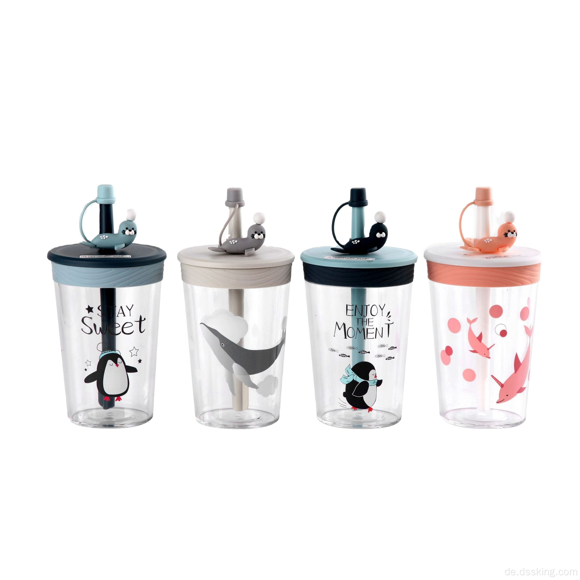 Tritan New Plastic Water Cup Cartoon Cup mit Deckel und Stroh