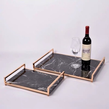 White Black Marble Serving Tray with Gold Metal Handles for Modern Luxury Bathroom Accessories