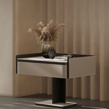 Italian Minimalist Wood Bedside Table with Saddle Leather