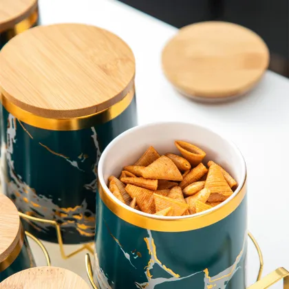 Wholesale Golden Marble Ceramic Storage Jar with Bamboo Lid
