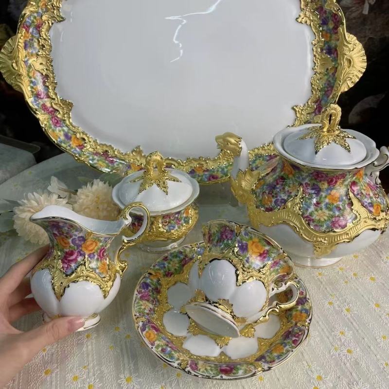 Luxury Floral Embossed Porcelain Set with Gold Trim