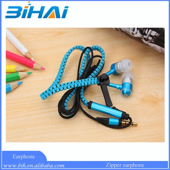 Fashion and Hot selling Zipper Earphone Metal Shell In-Ear Mobile Earphone With Mic for MP3,MP4,Mobile phone