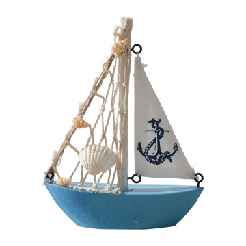 Mediterranean Wooden Sailboat Model - Blue and White Shell Boat for Home Decor