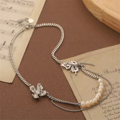 Hot Sale Pearl Butterfly Flower Necklace - Silver Luxury Clavicle Chain Jewelry for Women