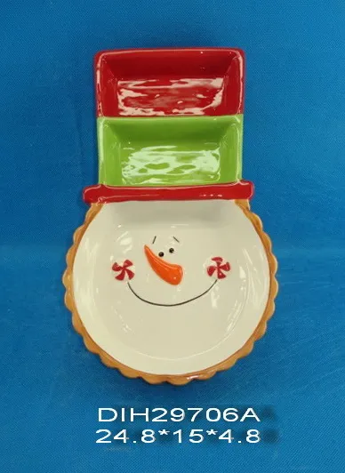 Hand-Painted Ceramic Snowman 3 Section Plates