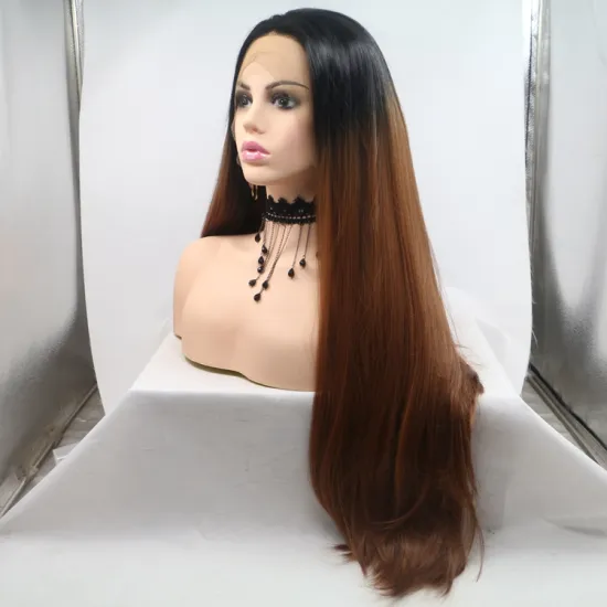 Vigorous brown ombre long straight premium high quality wholesale black women synthetic hair wigs with lace front