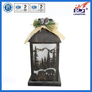 10" Rustic Wooden Lantern with Brown Metal Top and LED Flameless Pillar Candle with Classic Design