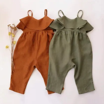 Summer Children's Cotton and Linen Ruffled Jumpsuits for Baby Girls: Flutter Linen Bubble Rompers & Sling Jumpsuits