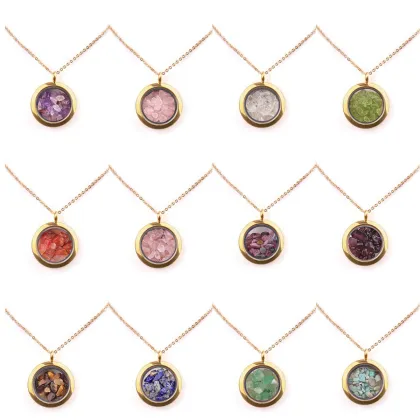 Genstone Memory Locket Necklace Pendant with Charms Natural Stone Chips Memory Pendant Necklace with 45cm Gold Chain
