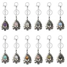 Gemstone Crystal CAB Silver Skull Stone KeyChains Natural Stone Skeleton Key Ring Alloy Skull Key Chains for Birthday Gift