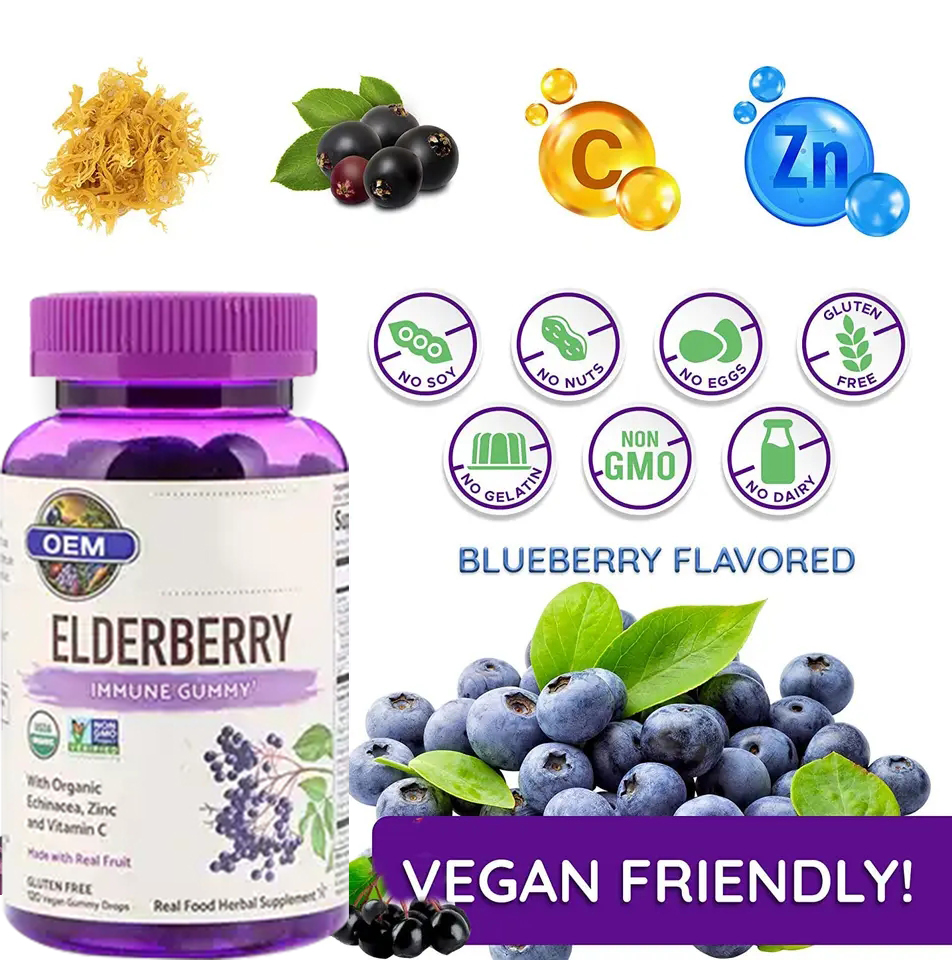 Private Label Sugar Free Zinc Vitamin D Enhance Improve Immunity Boosting Skin Health Elderberry Seamoss Gummies