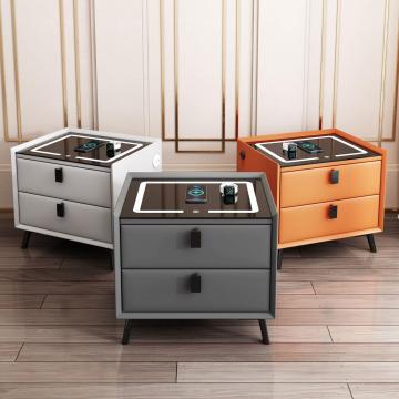 Custom Design Smart Bedside Table with Leather, Two Drawers, Wireless Charging, and Fingerprint Lock