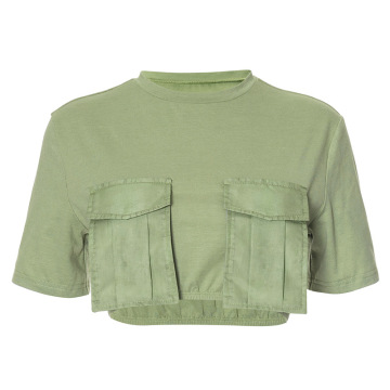 Women's Solid Color Casual Cargo Shirt with Pockets - O Neck Short-Sleeve Crop Top T-Shirt