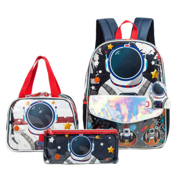 Hot Sale 3-Piece Cartoon Travel Backpack Set with Transparent Lunch Box for Kids