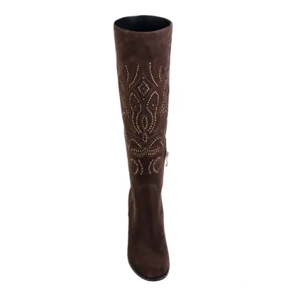 camel print floral mid-heel calf long boots