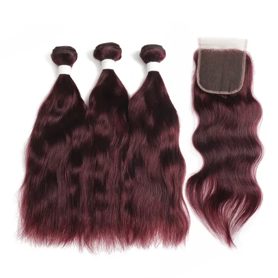 Factory Price Natural Wave Human Hair 99j  Bundles With Closure Free Line Lace Closure For Women