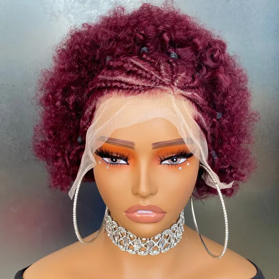 Kinky Curly Afro 13x4 Transparent Lace Frontal Wig with Buns - 100% Human Hair Braided Glueless Wigs for Black Women