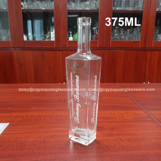 Flat shape custom 375ml vodka liquor bottle with decal