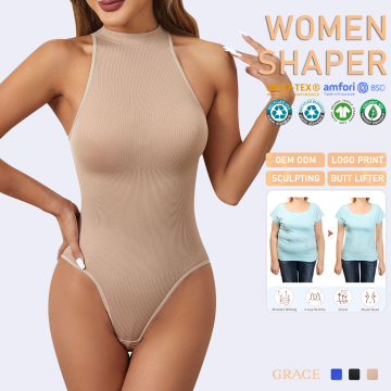 High Collar Compression Detachable Shapewear Tummy Control Stretch Sculpting Ribbed Fajas Colombianas Seamless Shaper for Women