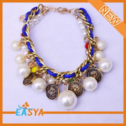 Gold Chain With Blue Leather Rope Coin Charms Bracelet