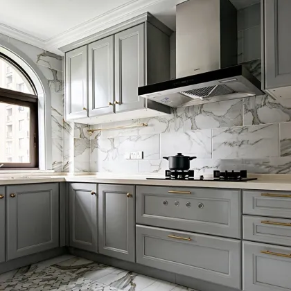 Simple Full Integral Stainless Steel Kitchen Cabinet with Island in Marble Countertop