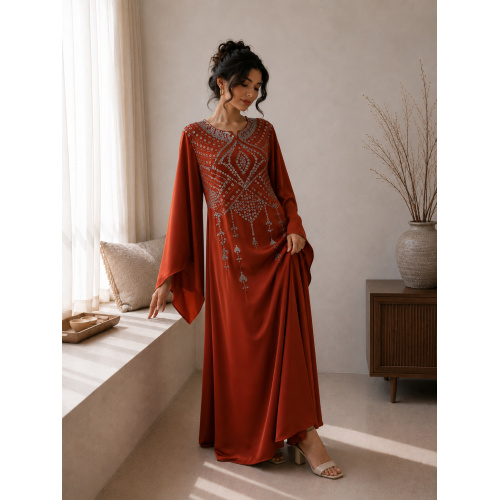 منجوق نارنجی قرمز ساتن دو نفره Kaftan Abaya