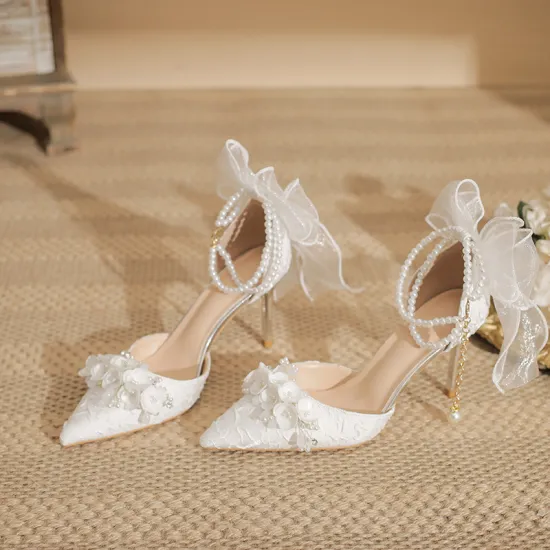 Wedding and Party High Heels: Pointed, Thin Heel White Bride's Shoes with Hollow Design, Large Size 43, Bridesmaid Pearls - Women's Footwear