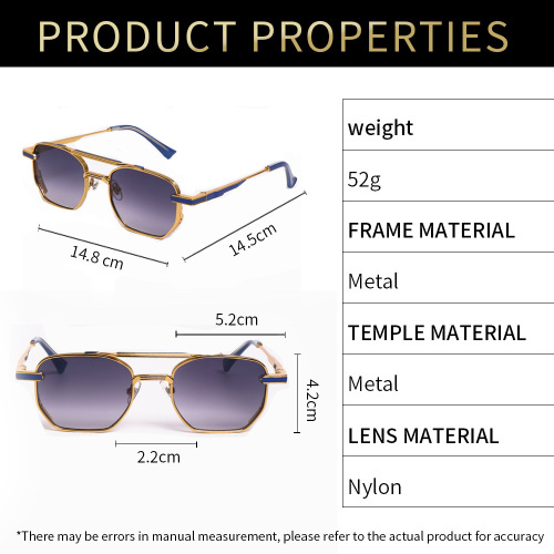Men Luxury Geometric Double Bridge Metal Sunglasses Nylon Lens