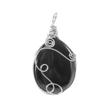 Black Obsidian 25x35MM Teardrop Wrapped Steel Wire Stone Pendant (28X50MM)