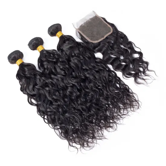 100% virgin brazilian hair 10- 30inch 4*4 water wave with closure,100% unprocessed brazilian virgin hair lace closure