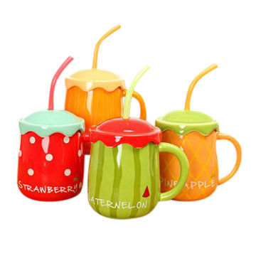 2014 promotional colorful fruit shaped ceramic mug with lid and spoon wholesale