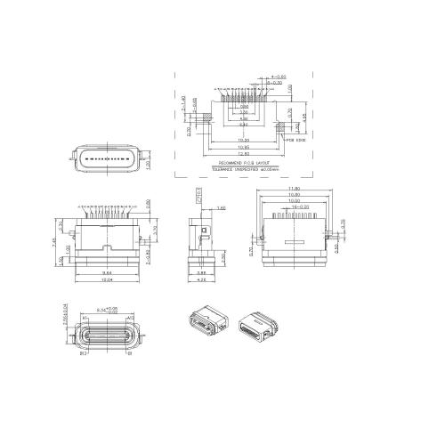 USB Female Waterproof 90° SMT Offest 1.6