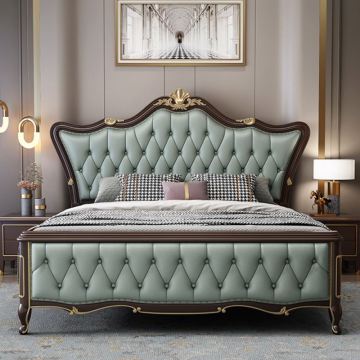 European American Luxury Leather Headboard Solid Wood King Size Bed