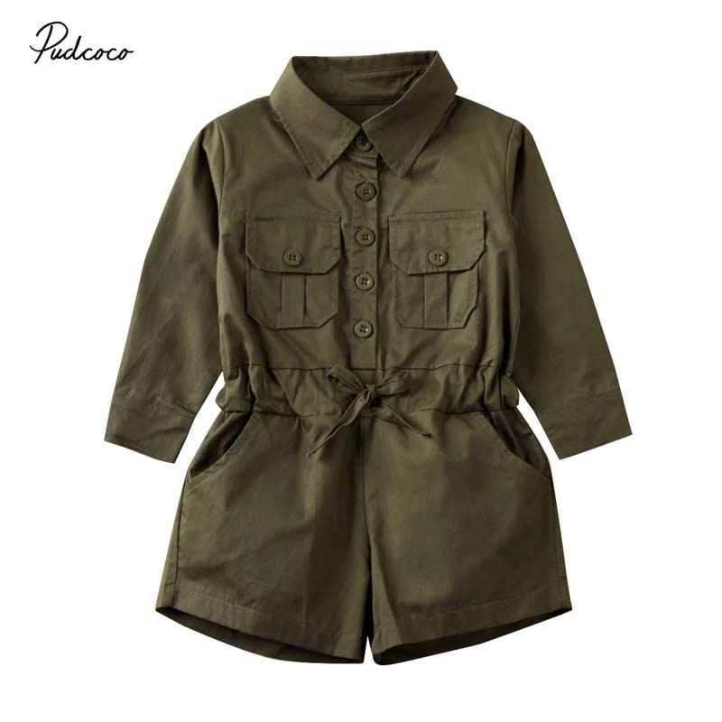 2020 Baby Summer Clothing 1-6Y Toddler Kids Baby Girl Jumpsuit Romper Short Sleeve Playsuit Solid Amry Green Outfit Clothes Sets
