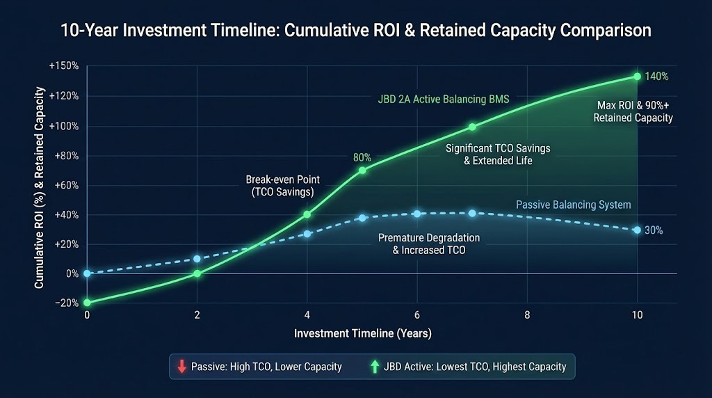 JBD 2A Active Balancing BMS technology for high-voltage energy storage systems (ESS), showing increased ROI and battery lifespan through intelligent cell balancing on a circuit board.
