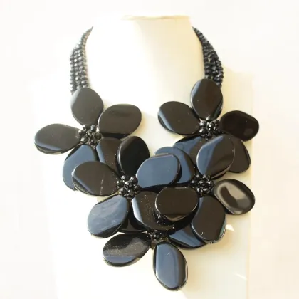 Black Obsidian Shell Necklace with Flower Design and 925 Silver Accents