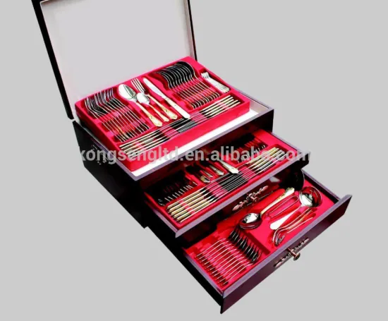 126 pcs stainless steel dinner set, cutlery set with wood case