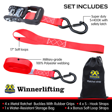 4PK Red Ratchet Tie Down Straps Sets