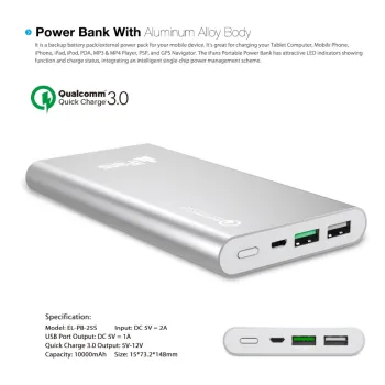 super slim high capacity 10000mAh aluminum power bank with QC3.0