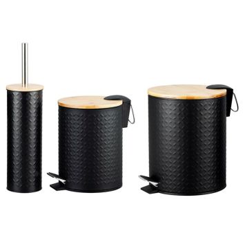 Eco-Friendly Bamboo Lid Stainless Steel Bathroom Trash Bin with Cleaner Brush