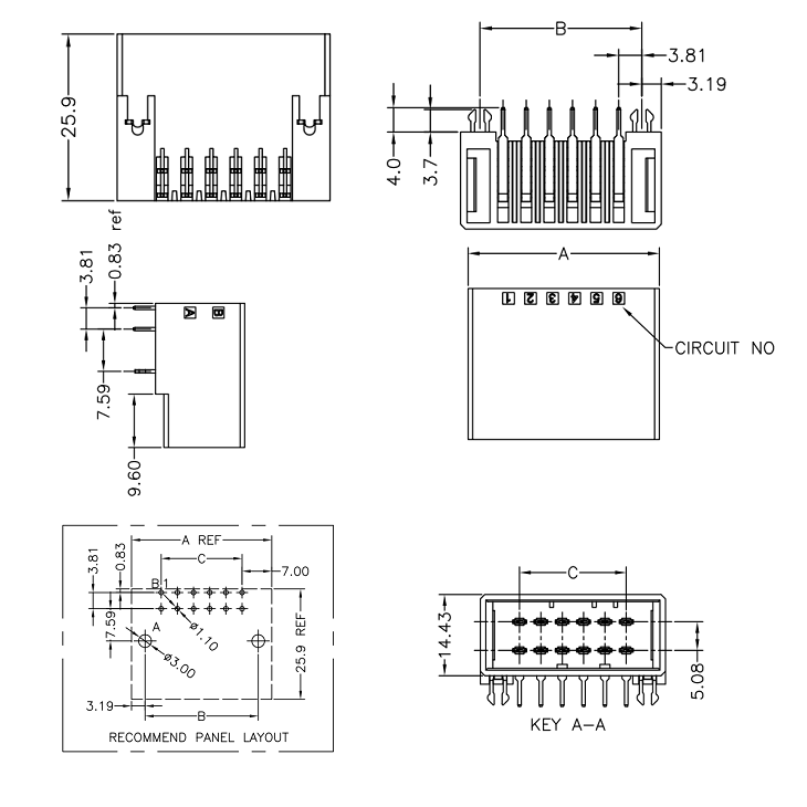 3,81 mm Tonhöhe 90 ° weibliche Wafer -Stecker -Board -Seite